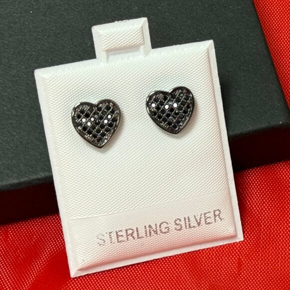 925 Sterling Silver Heart Earrings – Black Rhodium – Black Onyx – Brand New - Picture 2 of 2
